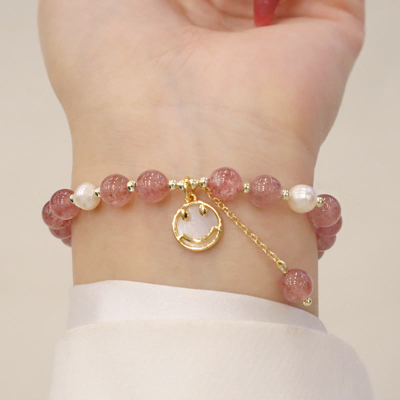Braccialetto di guarigione con ciondolo a forma di carattere Fu, con ciondolo a forma di coda di pesce , con perle di quarzo fragola e alce sorridente