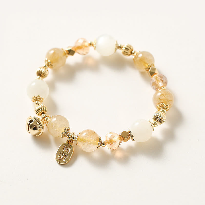 Braccialetto con ciondolo fortunato con campanella della ricchezza in quarzo rutilato dorato placcato oro 14K Buddha Stones