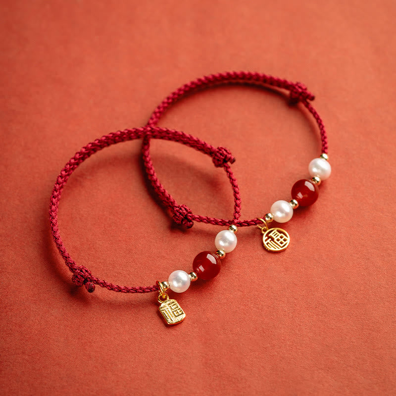 Braccialetto intrecciato in corda rossa con perle di agata e carattere Fu in argento sterling 925 con pietre Buddha Stones - image 1