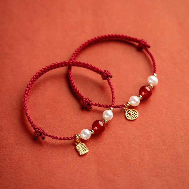 Braccialetto intrecciato in corda rossa con perle di agata e carattere Fu in argento sterling 925 con pietre Buddha Stones - image 1