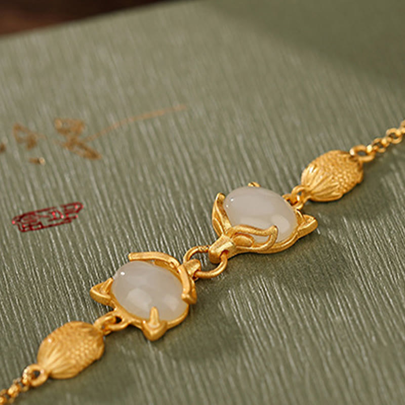 Braccialetto portafortuna con giada bianca naturale Hetian in argento sterling 925 Buddha Stones, giada ciano e volpe adorabile - image 9