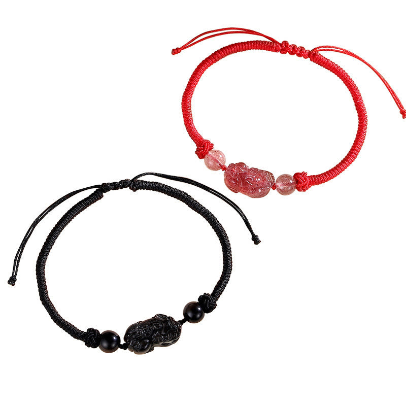 Braccialetto intrecciato di protezione PiXiu in quarzo fragola con ossidiana lucida in argento naturale fatto a mano Buddha Stones - image 11