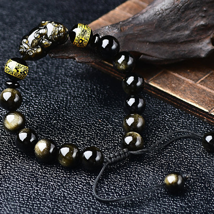 Bracciale intrecciato con Buddha Stones, lucentezza naturale dell'oro, ossidiana, PiXiu Om Mani Padme Hum, ricchezza