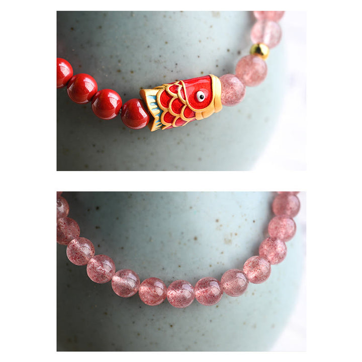 Braccialetto curativo con pesce koi portafortuna in quarzo fragola naturale cinabro Buddha Stones