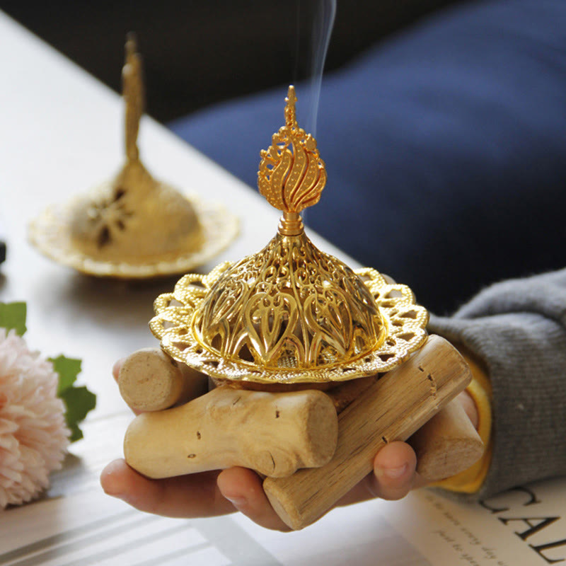 Mini bruciatore di incenso curativo in lega d'oro con sottobicchiere in legno, decorazione per la casa