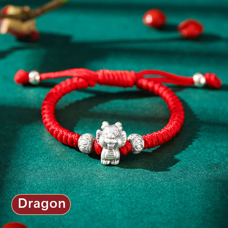 Braccialetto per bambini fatto a mano in corda rossa con Buddha Stones, in argento sterling 999, con zodiaco cinese - Drago (misura del braccialetto 12+4 cm) - image 0