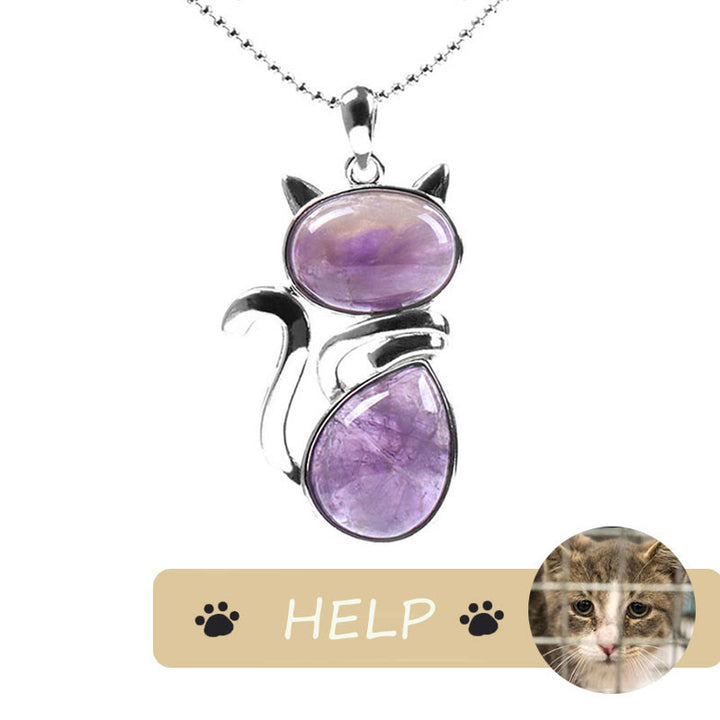 "Save A Cat" Collana con ciondolo amante dei gatti con motivo a gatto carino e protezione in cristallo naturale - Ametista - image 5