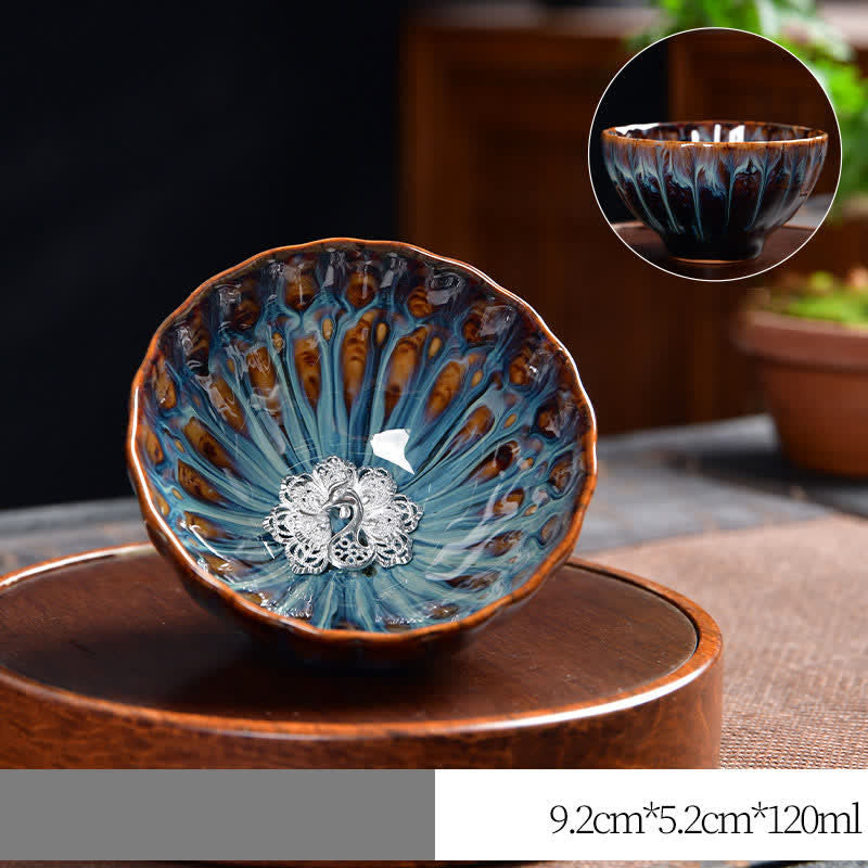 Buddha Stones Lotus Pavone Drago Fenice Koi Pesce Tazza da tè in ceramica Tazze da tè intarsiate 120ml - Argento - Pavone - image 18