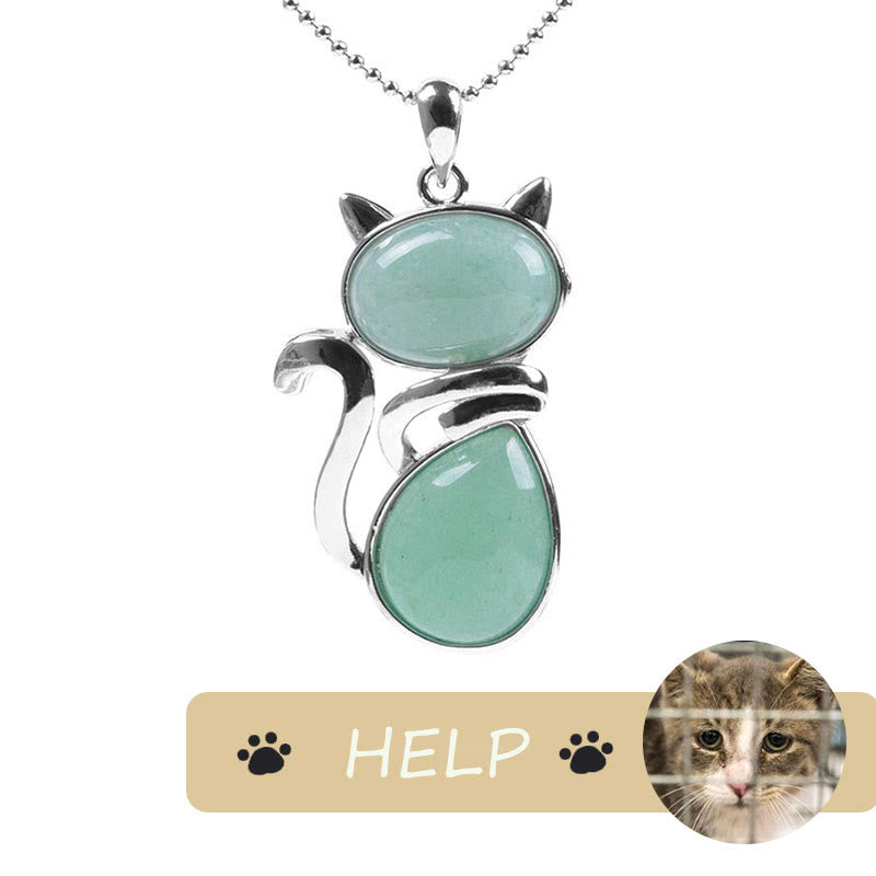 "Save A Cat" Collana con ciondolo amante dei gatti con motivo a gatto carino e protezione in cristallo naturale - Avventurina verde - image 3