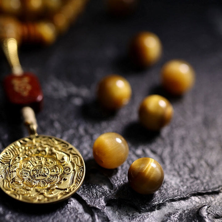 Buddha Stones 108 Mala Beads Natural Tiger Eye Rame Dorje Protezione Nappa Bracciale