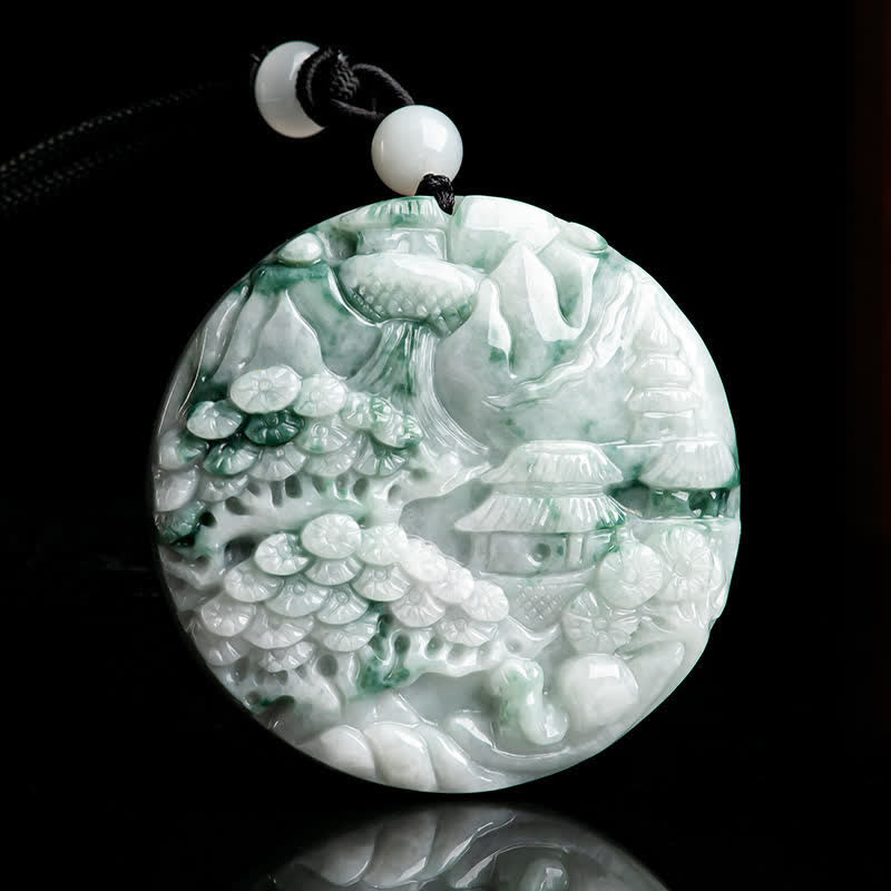 Collana con corda di abbondanza di giada con paesaggio montano Buddha Stones