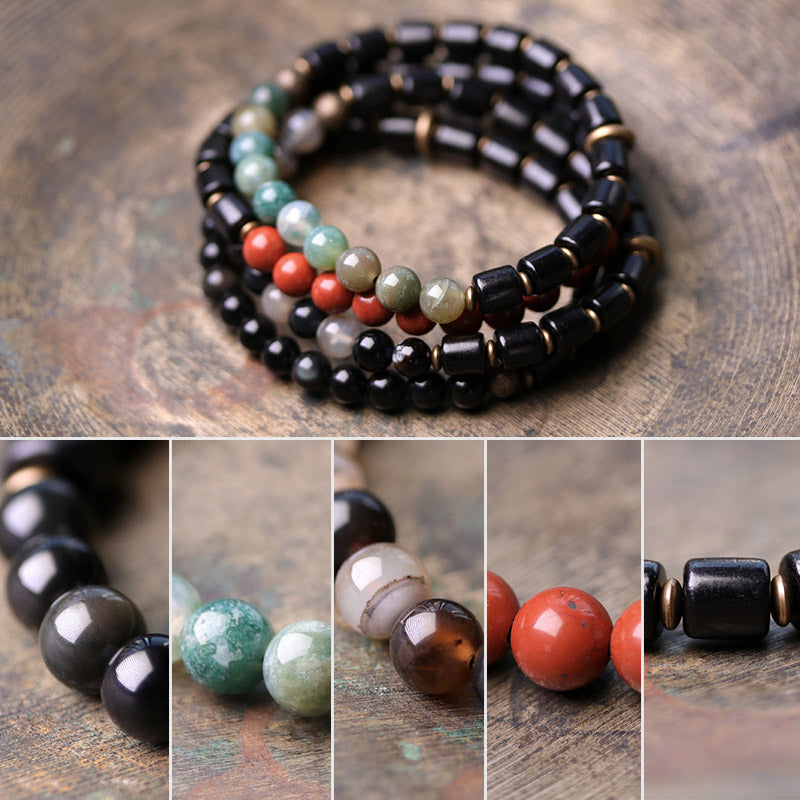 Braccialetto di coppia di pace in rame con Buddha Stones, legno di ebano, diaspro rosso, agata muschiata e cristallo