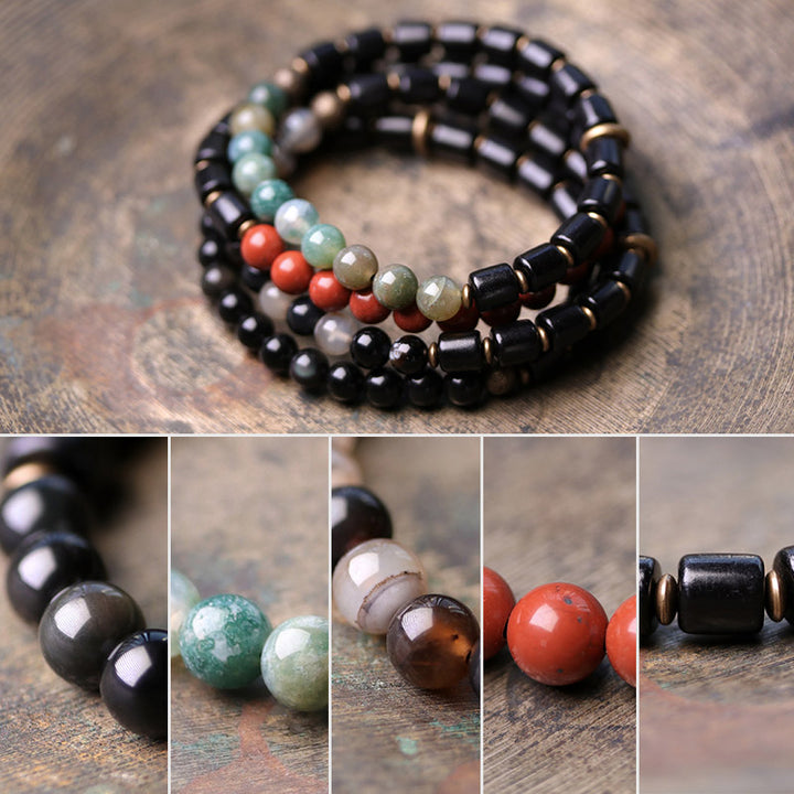 Braccialetto di coppia di pace in rame con Buddha Stones, legno di ebano, diaspro rosso, agata muschiata e cristallo