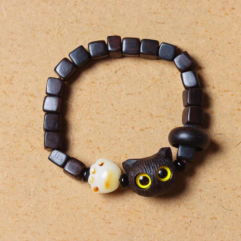 Braccialetto con perline quadrate, artiglio della zampa, semi di Bodhi, Buddha Stones , legno di ebano e gatto carino - image 2