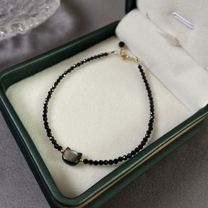 Braccialetto di guarigione in pietra di Tridacna con gatto carino, cristallo bianco, spinello nero placcato in oro 14K , Buddha Stones - image 2