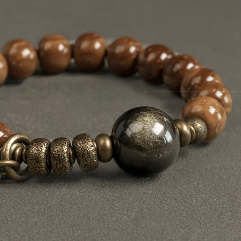Braccialetto per la fortuna, in ottone, rame e ossidiana , Buddha Stones , semi di Kuka, occhio di tigre e oro lucido - image 10