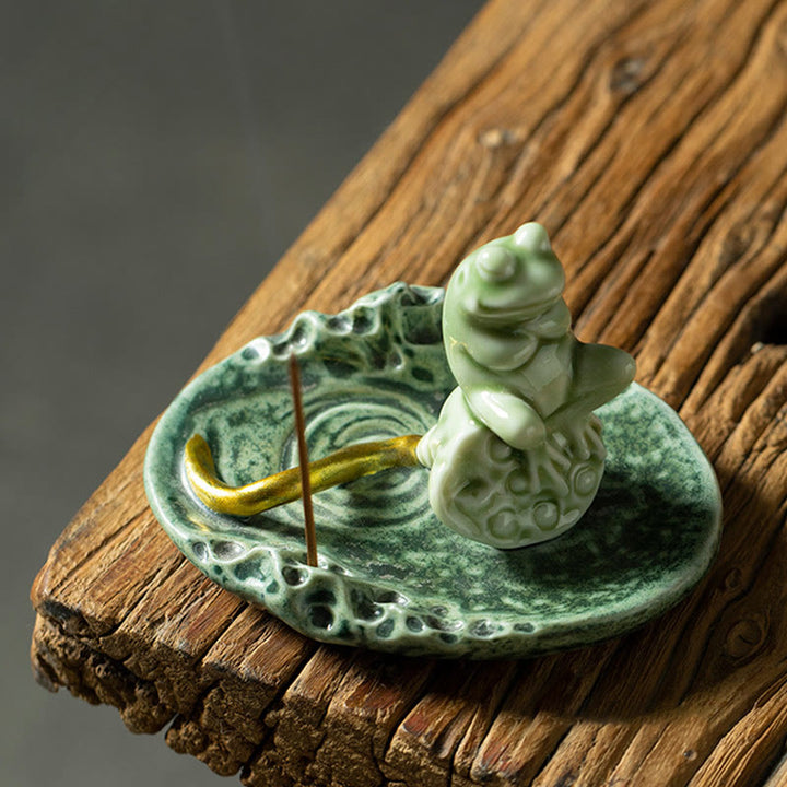 Buddha Stones Foglia Meditazione Rana Modello Guarigione Ceramica Bruciatore Incenso Decorazione