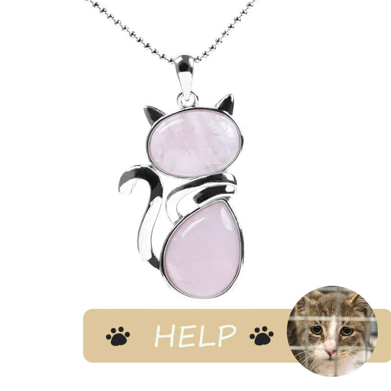 "Save A Cat" Collana con ciondolo amante dei gatti con motivo a gatto carino e protezione in cristallo naturale - Quarzo rosa - image 8