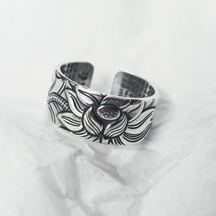 Anello di protezione del sutra del cuore con simbolo del loto in argento sterling 999 Buddha Stones - Argento Sterling 999 - image 0