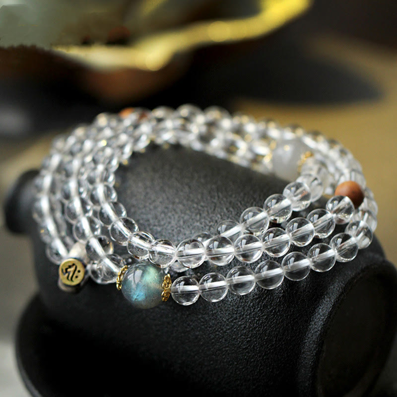 Braccialetto triplo giro in argento sterling 925 con Buddha Stones , zodiaco cinese, Buddha natale, cristallo bianco, meditazione - Cane/Maiale-Buddha Amitabha - image 0
