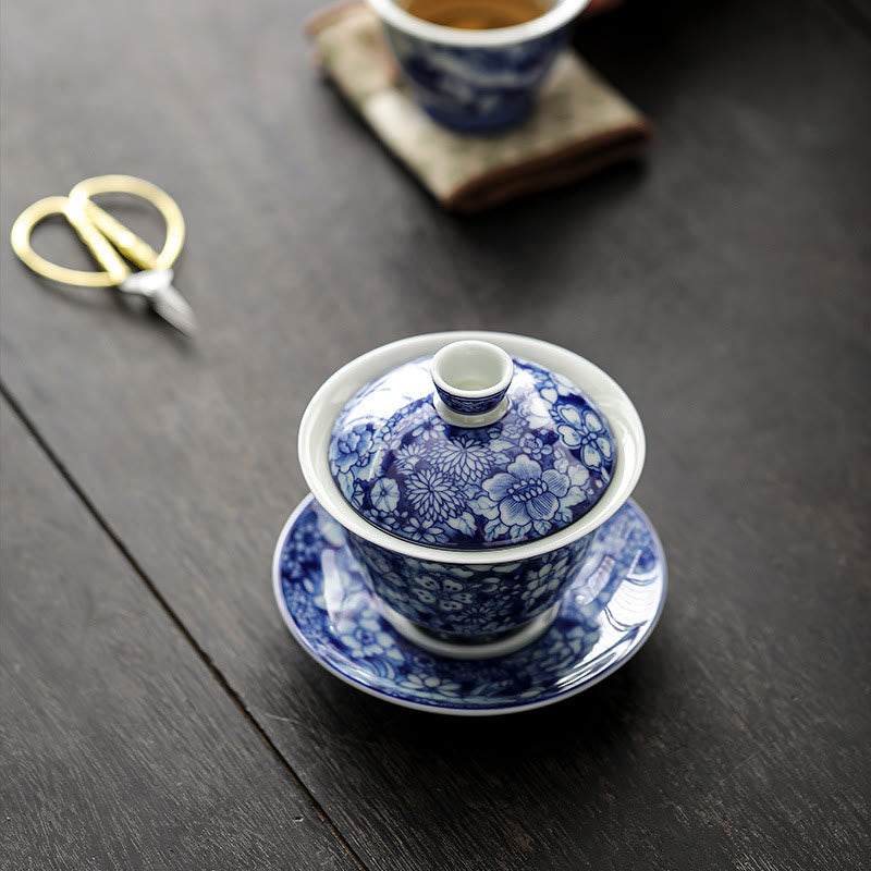 Buddha Stones Vintage Blu e Bianco Porcellana Ceramica Gaiwan Sancai Tazza da Tè Kung Fu Tazza da Tè e Piattino con Coperchio