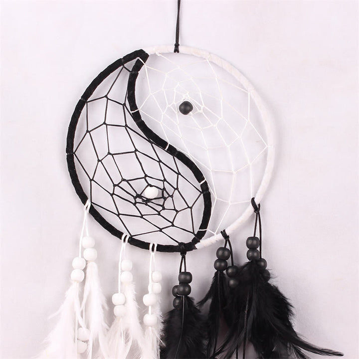 Acchiappasogni Yin Yang Rete circolare con piume Decorazione di equilibrio - image 4