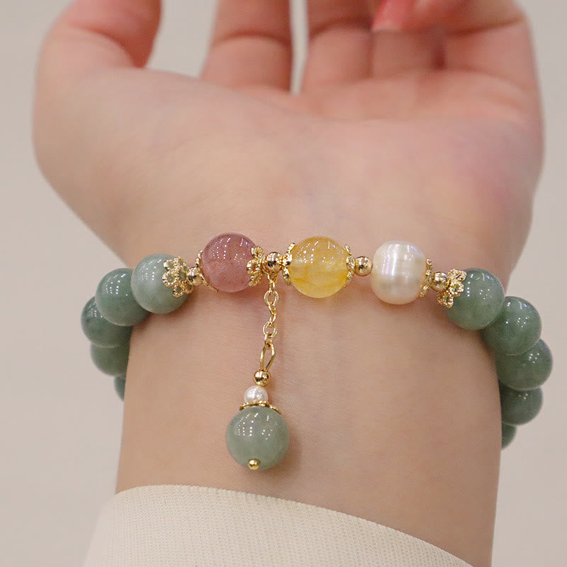 Braccialetto con ciondolo di perle di giada e quarzo fragola, Buddha Stones , abbondanza e fortuna