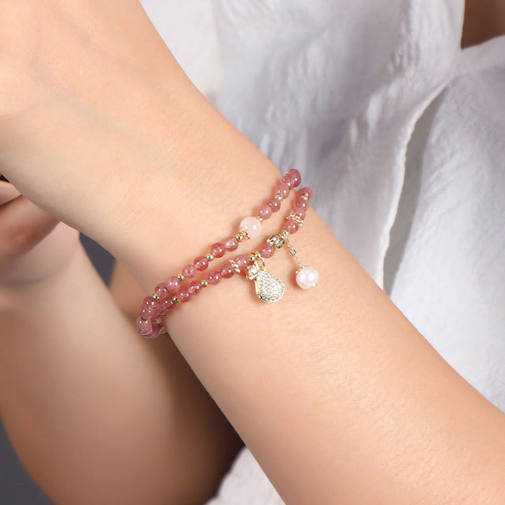 Braccialetto a doppio giro con ciondolo positivo Buddha Stones Strawberry Quartz Money Bag