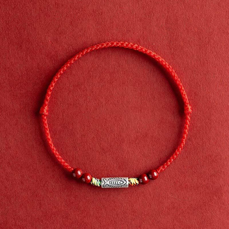 Buddha Stones 925 Sterling Silver Koi Fish Cinnabar Bead Wealth Braccialetto intrecciato artigianale Cavigliera - Cavigliera (circonferenza 17-30 cm) - Corda rossa - image 0