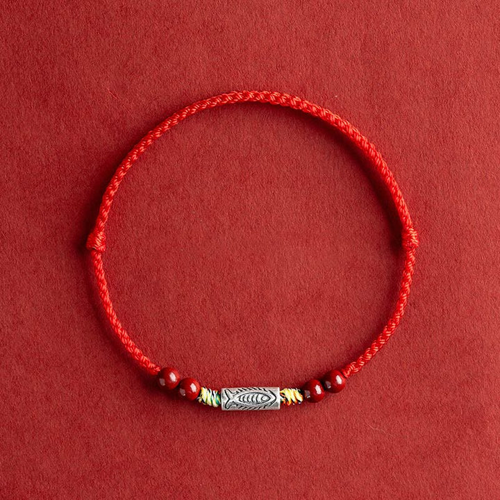 Buddha Stones 925 Sterling Silver Koi Fish Cinnabar Bead Wealth Braccialetto intrecciato artigianale Cavigliera - Cavigliera (circonferenza 17-30 cm) - Corda rossa - image 0