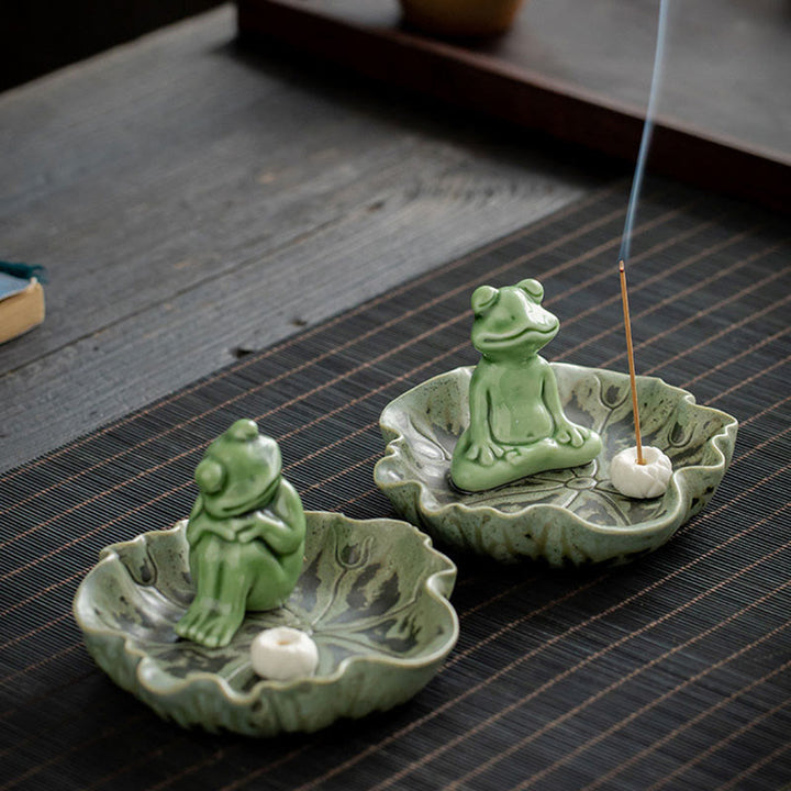 Buddha Stones Foglia Meditazione Rana Modello Guarigione Ceramica Bruciatore Incenso Decorazione