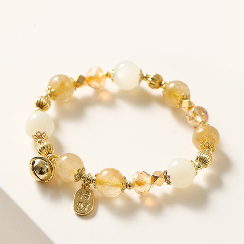 Braccialetto con ciondolo fortunato con campanella della ricchezza in quarzo rutilato dorato placcato oro 14K Buddha Stones