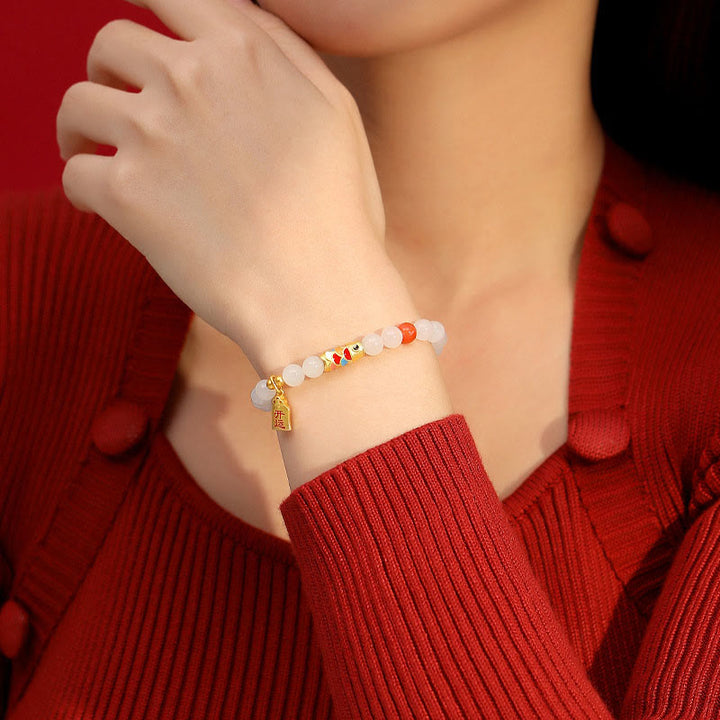 Bracciale Buddha Stones 925 Sterling Silver Hetian Giada Bianca Agata Rossa Koi Pesce Fortuna Felicità - image 2
