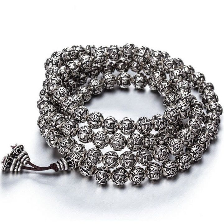 Braccialetto amuleto con perline in lega intagliata , Buddha Stones tibetane Om Mani Padme Hum
