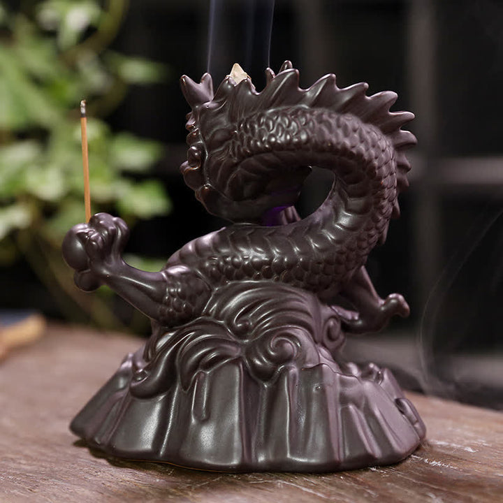 Buddha Stones Drago di buon auspicio Fontana di fumo a riflusso in ceramica Bruciatore di incenso di guarigione Meditazione Decorazione a sfera a LED