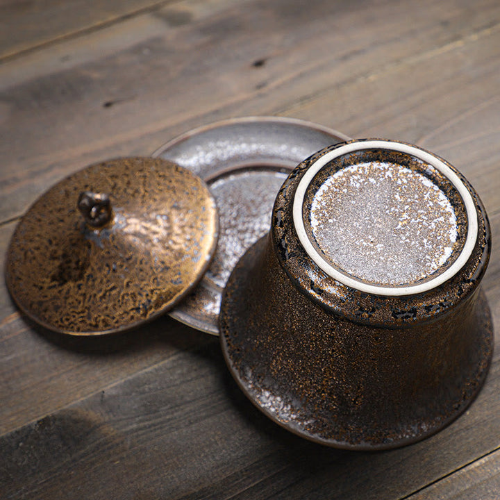 Buddha Stones Retro Rust Glaze Ceramic Gaiwan Sancai Tazza da tè Kung Fu Tazza da tè e piattino con coperchio