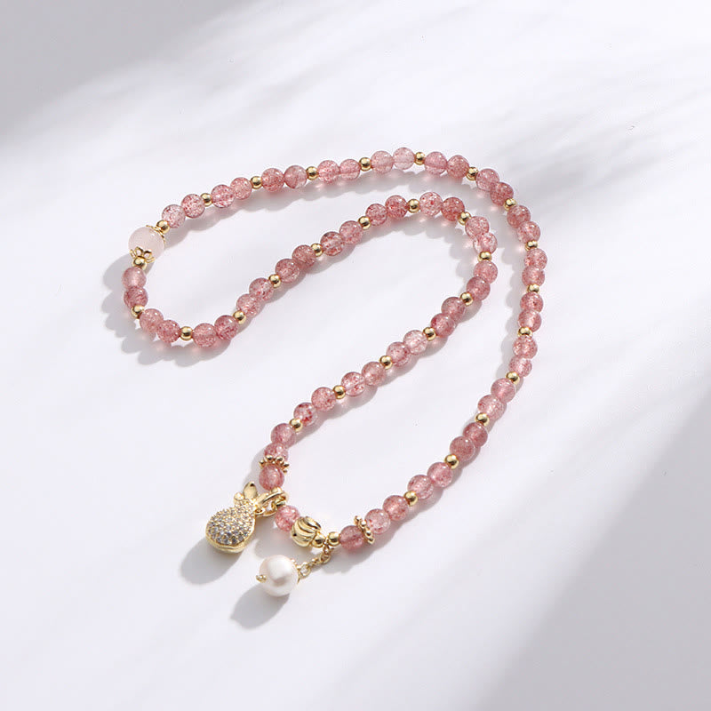 Braccialetto a doppio giro con ciondolo positivo Buddha Stones Strawberry Quartz Money Bag