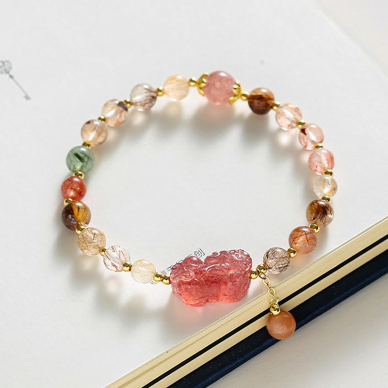 Braccialetto Buddha Stones Natural Rutilato Quarzo Fragola PiXiu Wealth