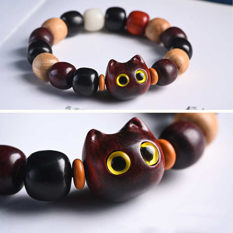 Braccialetto di protezione con incisione di gatto carino in legno di sandalo rosso e ebano con piccole foglie Buddha Stones - image 17