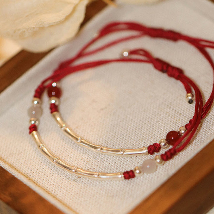 Braccialetto intrecciato con perline di protezione in argento sterling 925 Buddha Stones, agata bianca e agata rossa - image 0
