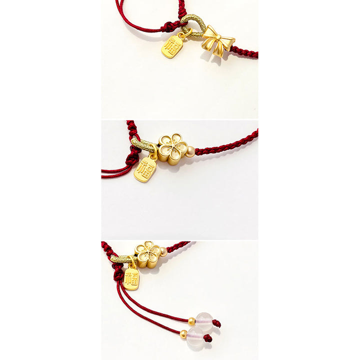 Braccialetto con corda rossa con ciondolo a forma di fiocco con rosetta in fiore di pesco fatto a mano con carattere Fu e nodo Buddha Stones