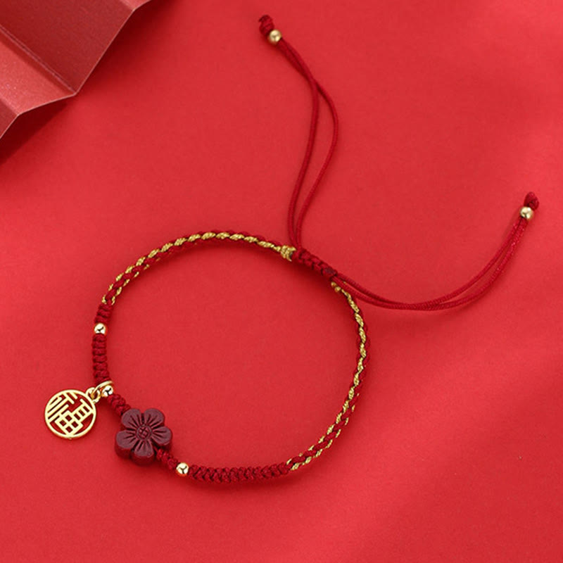Braccialetto intrecciato con corda e carattere Fu, fiore di cinabro e Buddha Stones