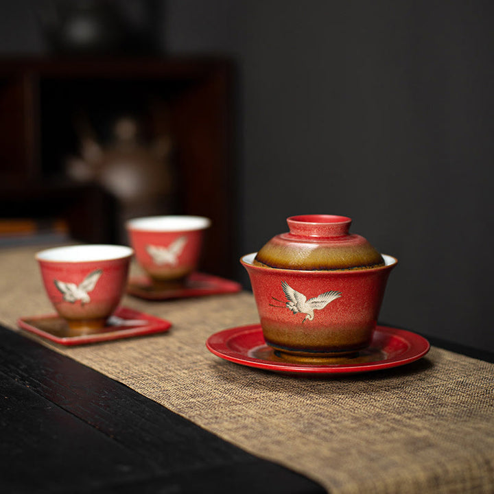 Buddha Stones Red Gru di buon auspicio Ceramica Gaiwan Sancai Tazza da tè Kung Fu Tazza da tè e piattino con coperchio