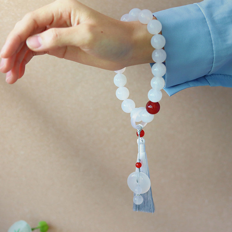 Buddha Stones Agata bianca Agata rossa Mala da polso con nappe Mala tascabile Decorazione per auto