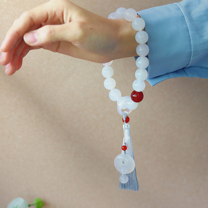 Buddha Stones Agata bianca Agata rossa Mala da polso con nappe Mala tascabile Decorazione per auto