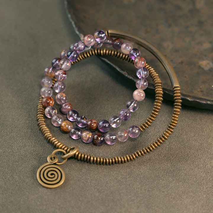 Bracciale Buddha Stones Viola Phantom Rosso Quarzo Ematoide Quarzo Rutilato Verde Rame Amore Perdona