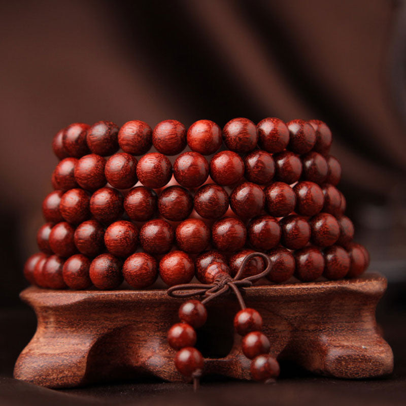 Braccialetto di meditazione Mala con 108 perle di legno di sandalo rosso e foglie piccole tibetane Buddha Stones - image 2