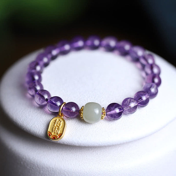 Braccialetto con ciondolo curativo in giada Hetian con cristallo di ametista naturale Buddha Stones