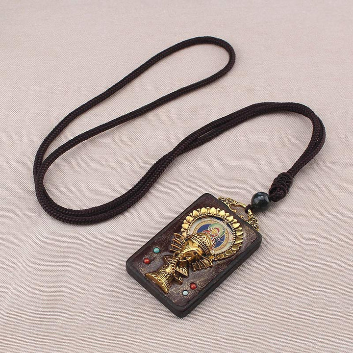 Collana con ciondolo a forma di corda con elefante in legno di ebano e dio della fortuna del Buddha - image 4
