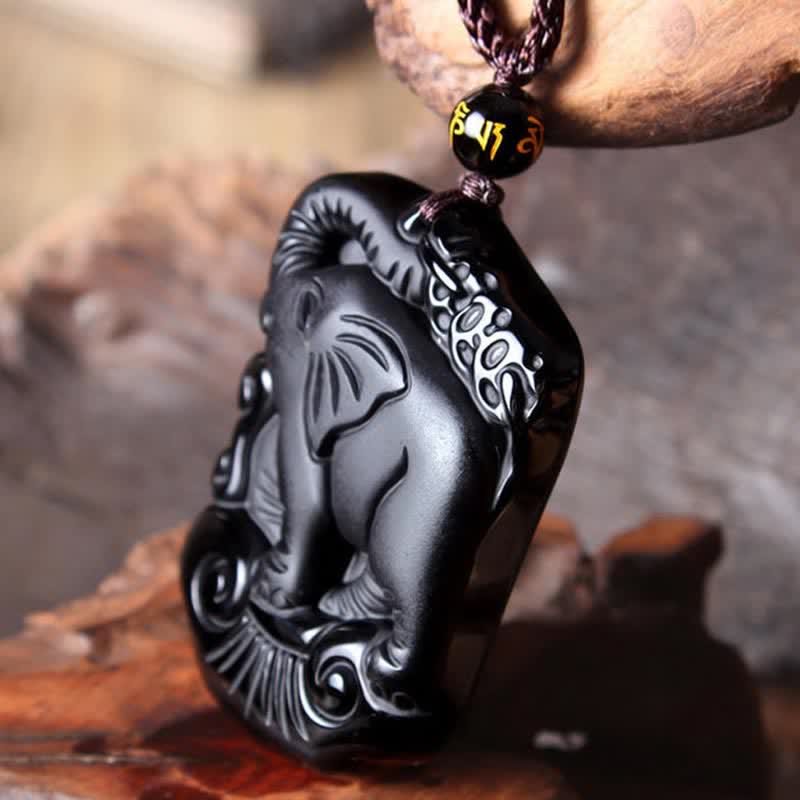 Collana con ciondolo portachiavi in corda di protezione per elefante in ossidiana nera